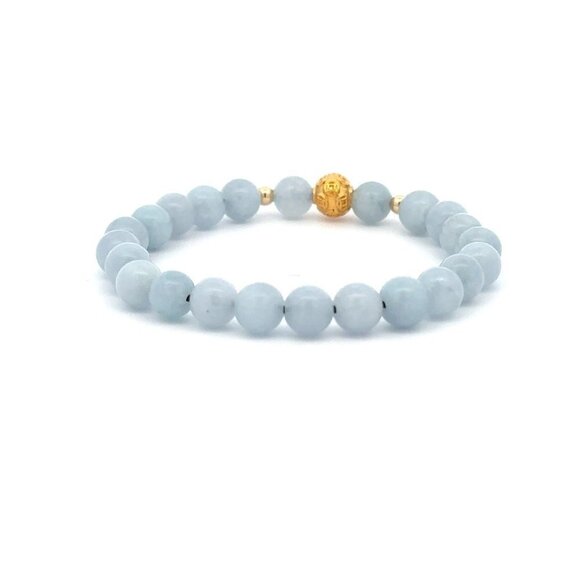 18K Gold Money Ball Lucky Charm Beads Bracelet Gemstones Aquamarine 6mm - Picture 9 of 9